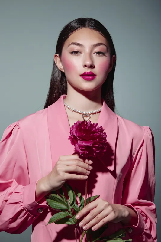 Young woman in a pink blouse holds crimson flower posing confidently among soft shadows. Studio portrait for beauty creative fashion concepts and artistic expression.
