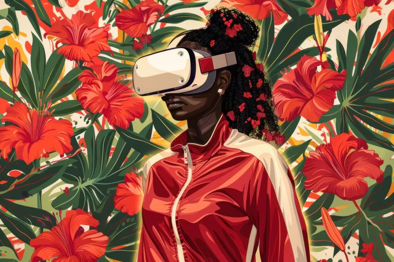 Чернокожая женщина в красном спортивном костюме испытывает VR-гарнитуру в окружении красочных цветов гибискуса и листвы