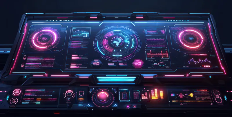 Футуристический цифровой интерфейс: современная приборная панель HUD с виртуальными голографическими данными на синем фоне