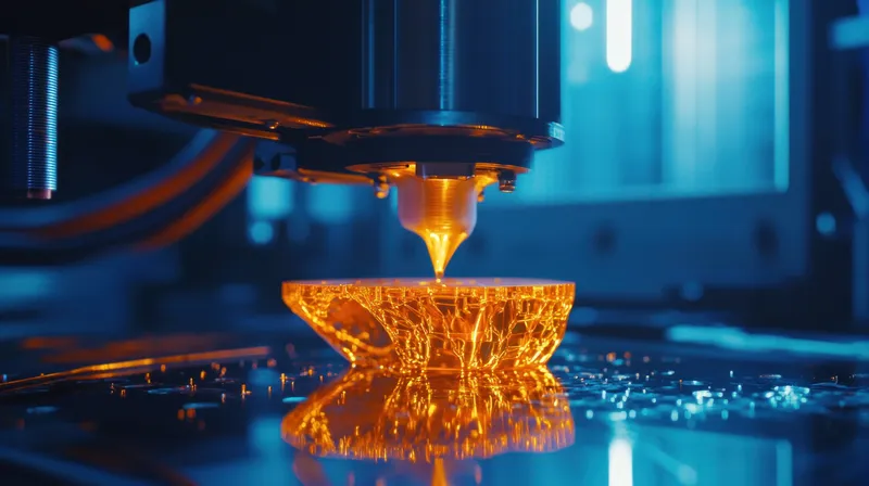 Крупный план футуристического 3D-принтера, создающего замысловатые конструкции из оранжевой смолы, подчеркивающий технологии, производство и творчество в яркой обстановке