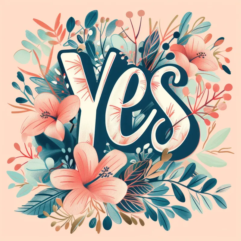 Красочная иллюстрация, на которой слово YES изображено в окружении множества цветов и зелени, создавая жизнерадостную атмосферу