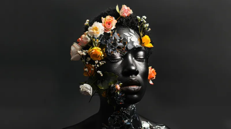 Изображение демонстрирует уникальное сочетание цветочных украшений и абстрактных элементов на темном фоне, подчеркивая красоту и искусство
