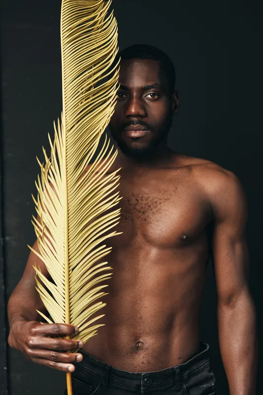 African man with dark skin holding golden palm leaf in creative conceptual visual style, shirtless and posing against dark background for artistic portrait photography.