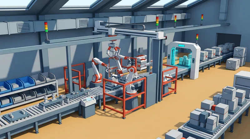 Широкоформатный 3D-баннер в стиле low-poly для производства: роботизированная сборочная ячейка, конвейеры, приспособления и готовые изделия