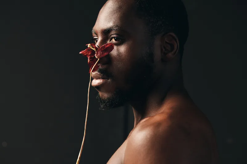 Creative conceptual portrait of African man with dark skin holding dried flower near face in visual artistic style with moody lighting and minimal background.