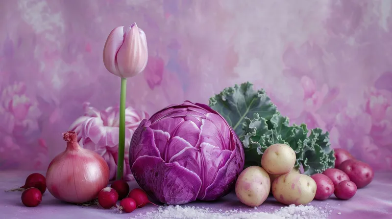 Яркая композиция из фиолетовой капусты, розовых тюльпанов и картофеля на пастельном розовом фоне