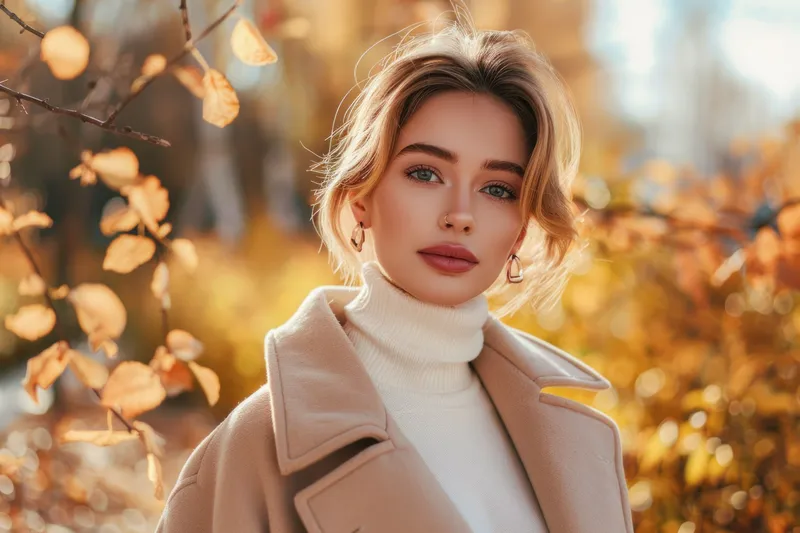 Портрет улыбающейся женщины в уютной одежде на фоне мягких осенних красок и безмятежного уличного пейзажа
