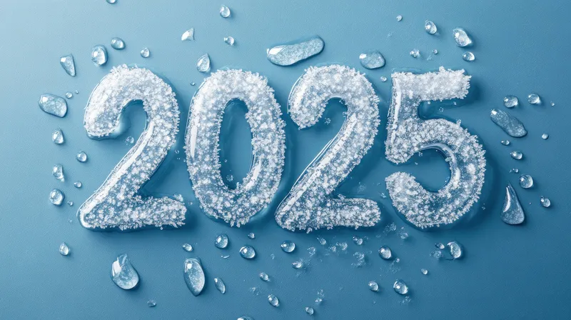 Год 2025, выполненный из замерзшего льда, сверкающий каплями воды на светло-голубом фоне, символизирует зиму и наступление нового года