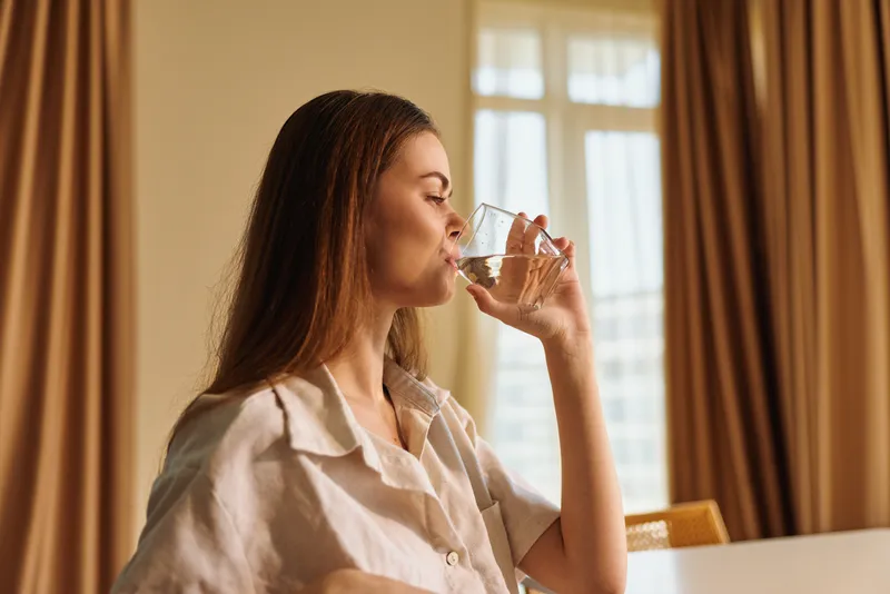 woman drinking water from a glass at home, profile portrait in morning light by window with curtains, relaxed casual shirt, healthy hydration and everyday routine