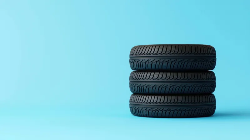 На этом изображении три черных автомобильных покрышки сложены стопкой на фоне ярко-голубого фона, что подчеркивает их качество и дизайн