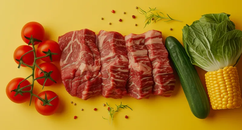 Вид сверху на сырое мясо, овощи и кукурузу на жёлтом фоне