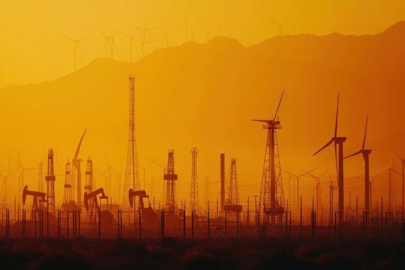 Закат окрашивает небо в оранжевое свечение, отбрасывая силуэты нефтяных насосов и ветряных турбин, что символизирует переход от ископаемого топлива к возобновляемой энергии