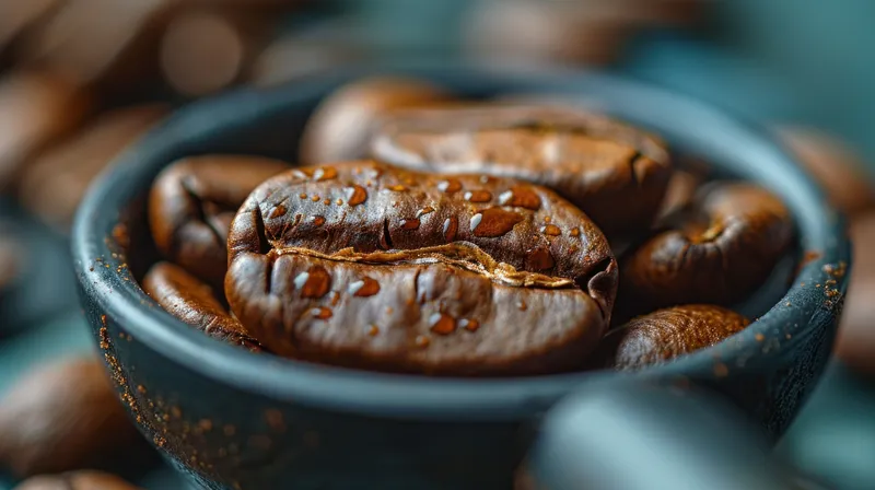 Кофейные зёрна в чёрной чашке на синем фоне, крупный план для рекламы кофе или концепции меню кафе