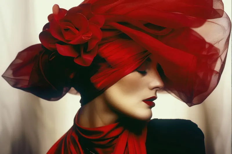 Стильная женщина в красной шляпе и шарфе с розой на голове и подходящим шейным платком позирует для портрета