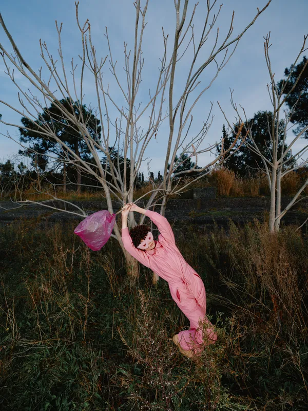 Child in pink dress climbs a bare tree outdoors, capturing a playful moment of nature and landscape. A hanging girl pose conveys innocence, exploration and freedom amid wild shrubs and calm skies