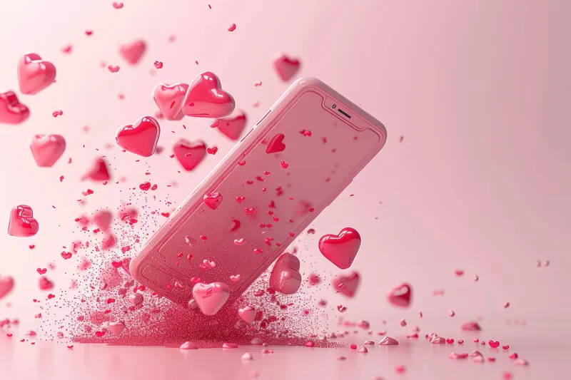Телефон, из которого выпадают сердечки, сообщение «love you» на розовом фоне