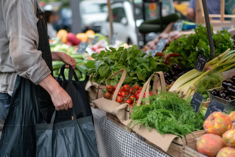 Мужчина держит пакет с продуктами на фермерском рынке перед столом, полным овощей