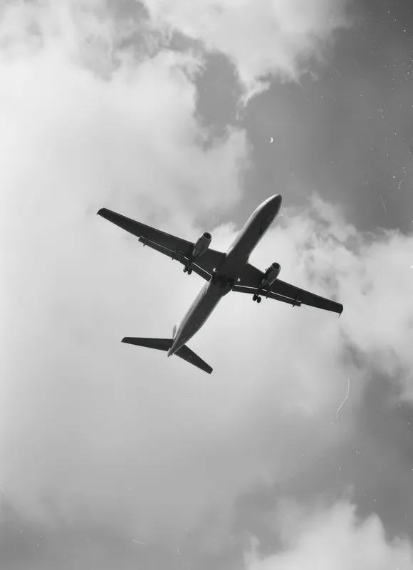 Винтажная черно-белая фотография классического самолета, летящего в облачном небе