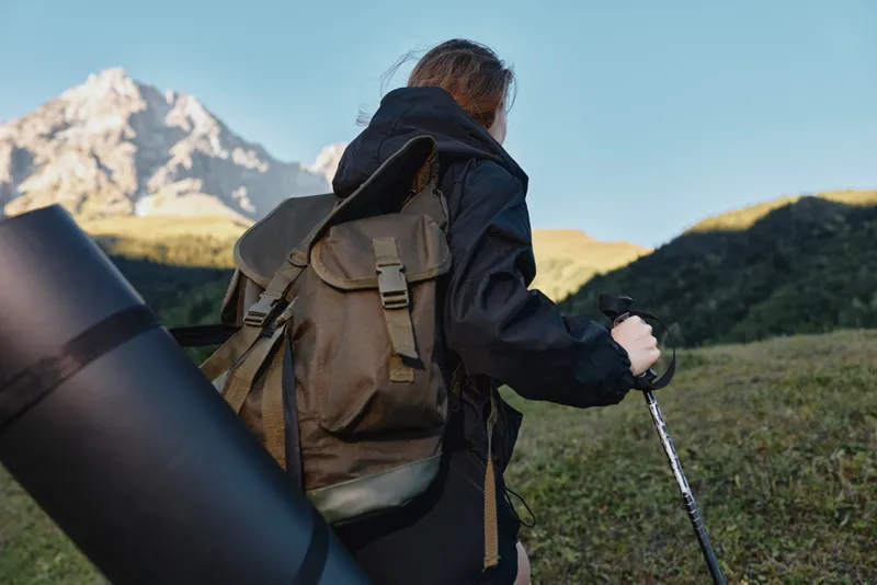 A hiker with a backpack uses a trekking pole in a scenic mountain meadow, preparing for ascent beneath a clear sky. The outdoor scene conveys effort, focus, and adventurous solitude.