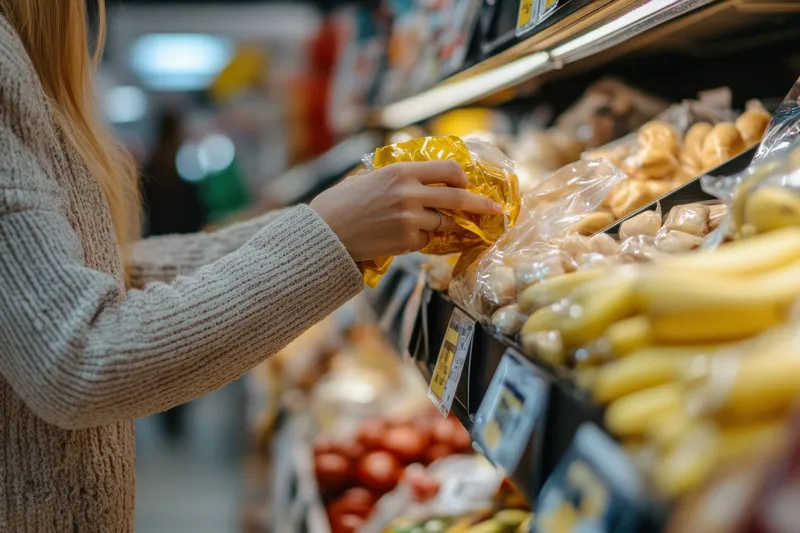 Женщина в уютном свитере выбирает свежие фрукты и хлеб в продуктовом магазине, пропагандируя здоровые привычки в еде в окружении ярких продуктов