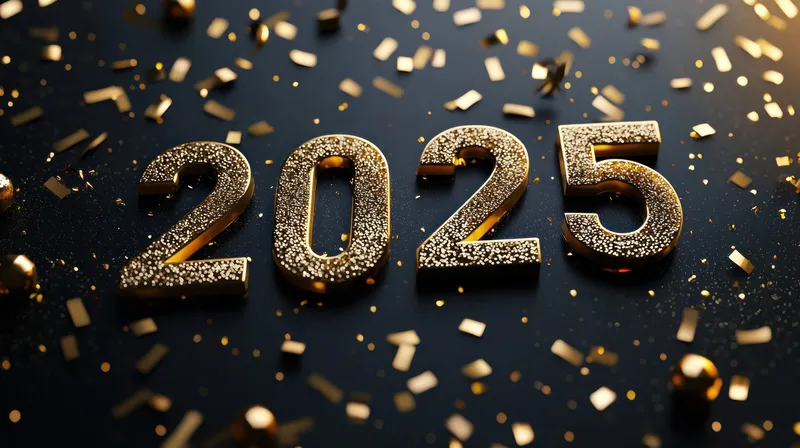 Праздничные золотые цифры 2025, лежащие на черном фоне и украшенные разноцветными конфетти, символизируют новогодние торжества и радость