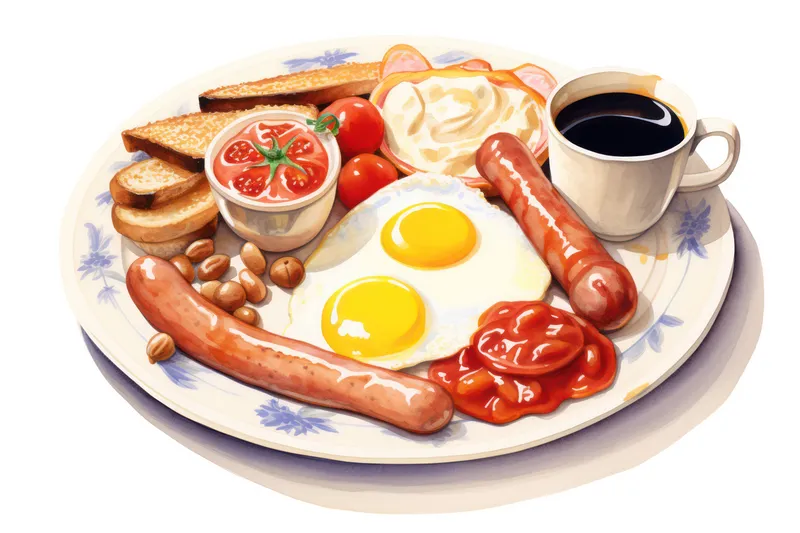 Тарелка, завтрак, гриль, фон, мясо, английский, бобы, жаркое, бекон, хлеб, свинина, помидор, традиционная еда, колбаса, вкусное блюдо, запеченный, фон, яйцо, белый