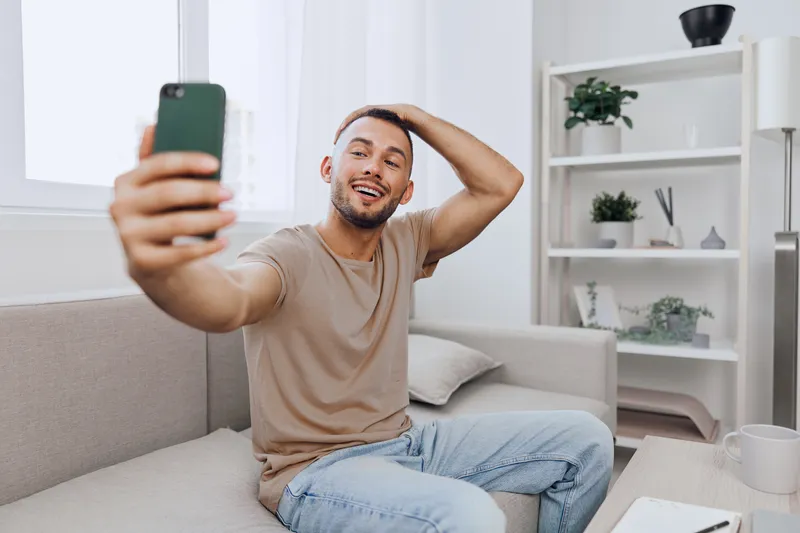 Smiling man taking a selfie in a bright living room, showcasing trendy decor and a joyful atmosphere. Perfect for lifestyle and social media themes in 2025.