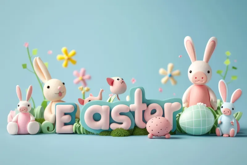 Праздничные пасхальные животные и кролики, окружающие слово Easter на синем фоне