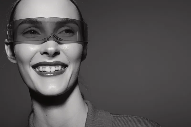 Smiling Caucasian woman with fair skin wearing transparent protective glasses in studio with grey background, concept of safety and happiness.