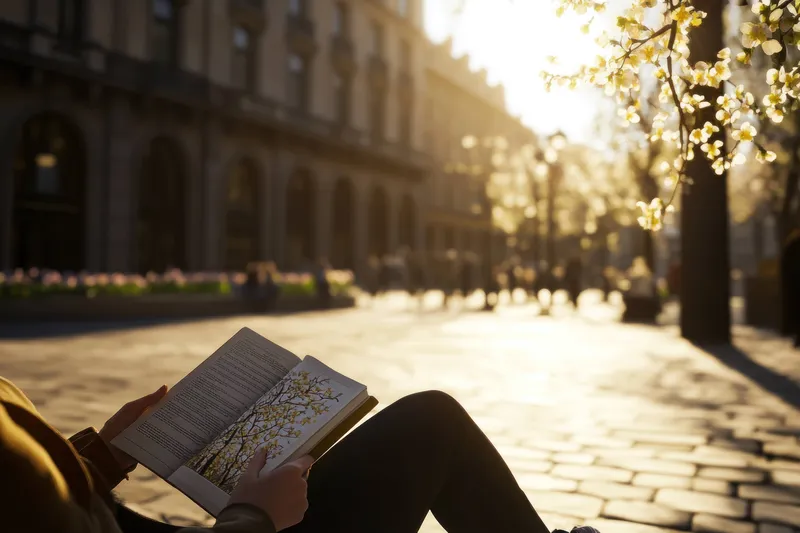 Молодая женщина, погруженная в чтение книги на улице, в окружении цветущих деревьев в яркой весенней обстановке