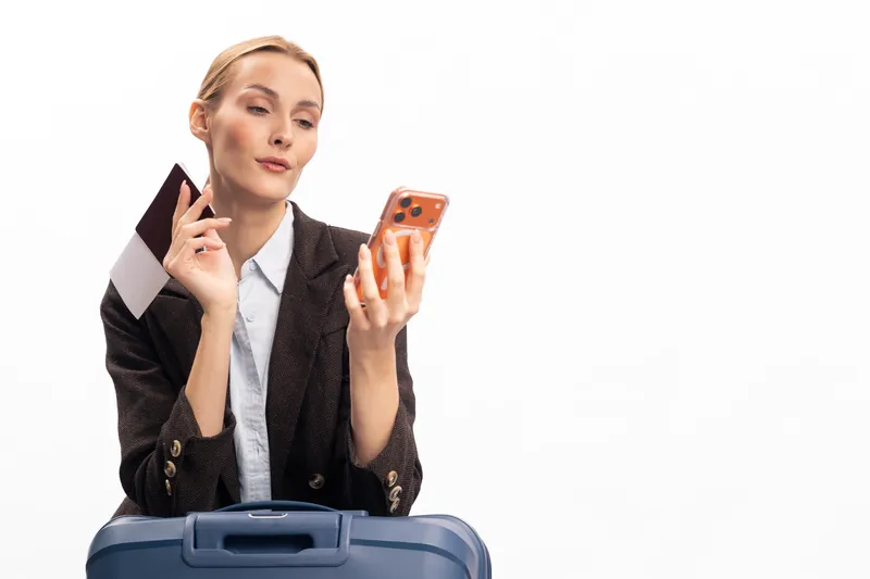 Young woman in formal jacket holding passport and smartphone looks focused while sitting behind blue suitcase on white background. Concept for travel, business trip, and modern communication.