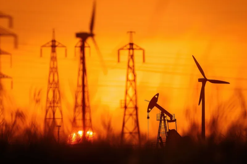 Закатный пейзаж, на котором изображена нефтяная качалка в окружении ветряных турбин, что представляет контраст между традиционными и возобновляемыми источниками энергии