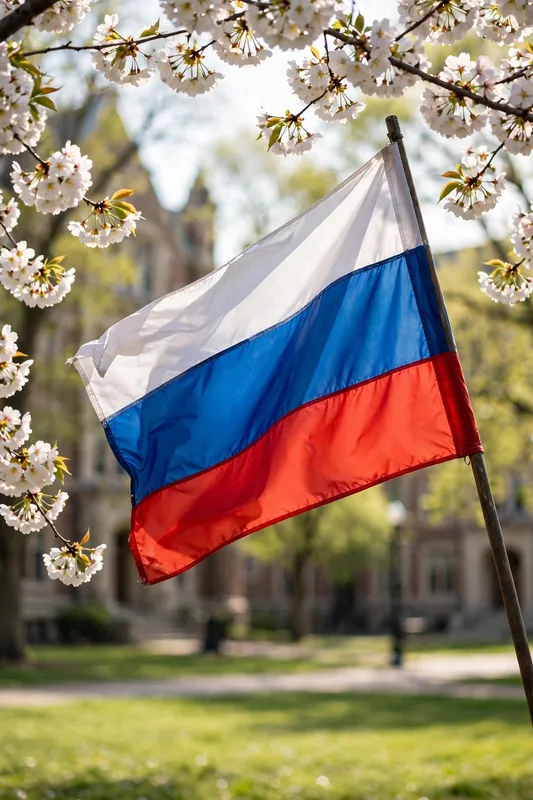 Российский флаг развевается среди цветущих ветвей весной