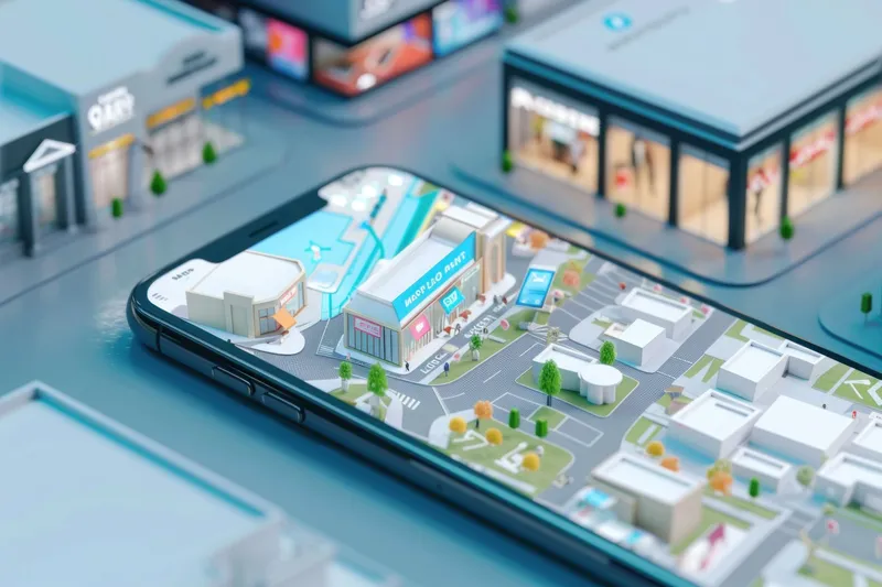 Смартфон с детальной изометрической 3D-картой города на экране, концепция технологии городской навигации, визуализация современного города