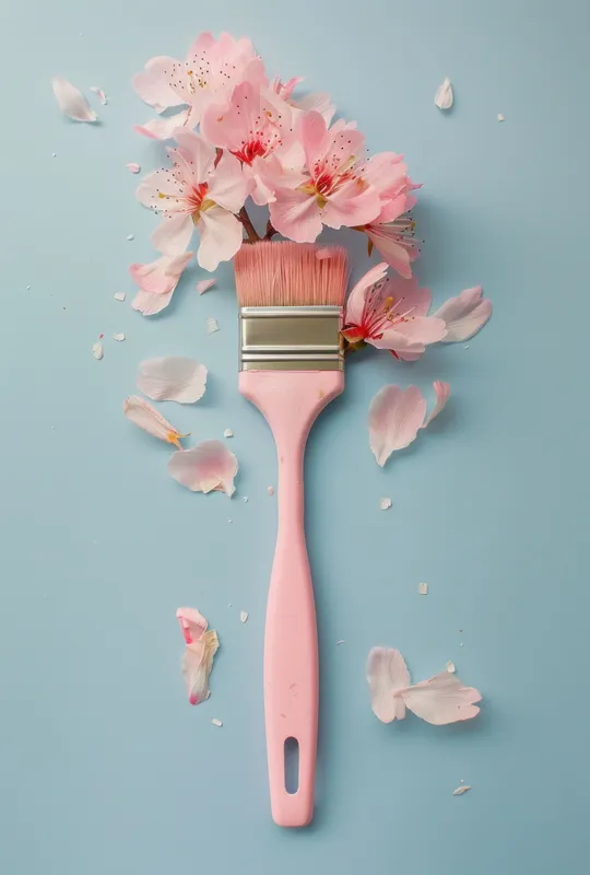 На изображении изображена розовая кисть для рисования в окружении рассыпанных светло-розовых лепестков цветущей сакуры на спокойном голубом фоне