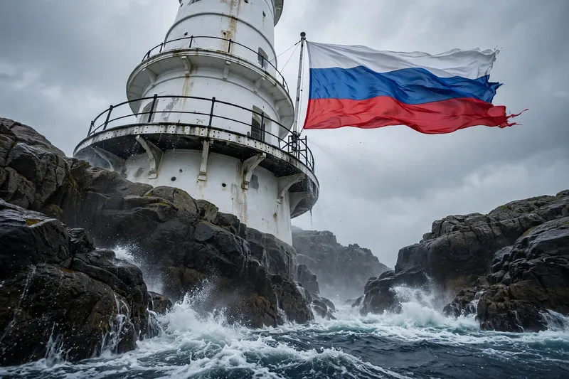 Белый маяк с российским флагом на скалах в штормовом море