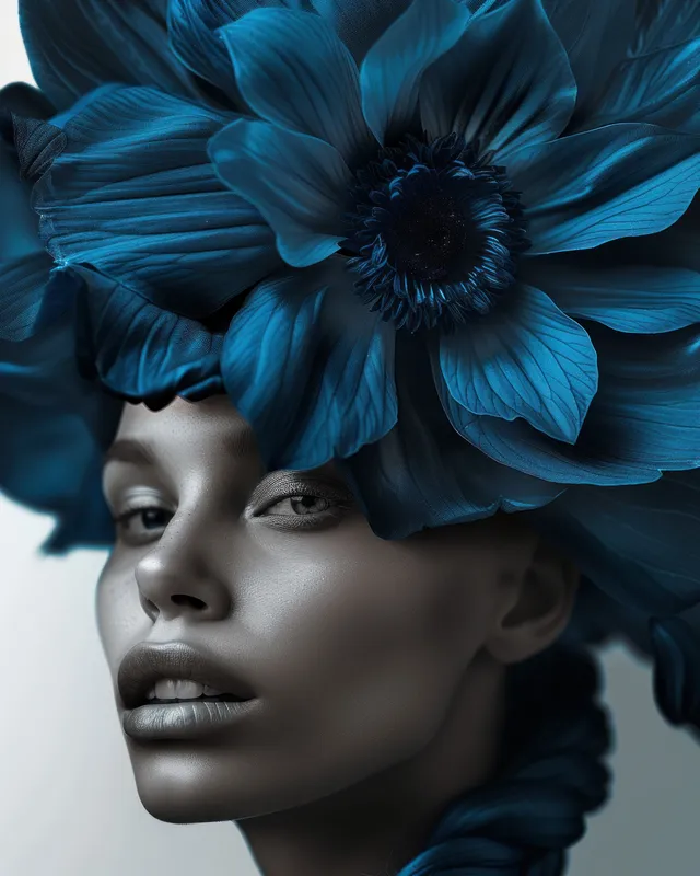 Этот художественный портрет представляет модель с глубокими тонами кожи, украшенную ярким синим цветочным головным убором