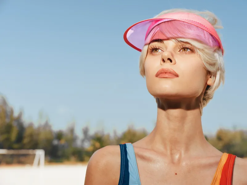 Athletic woman gazes toward the sun wearing a pink visor, sporty straps and sunlit skin highlight a bold outdoor moment of confidence and focus.
