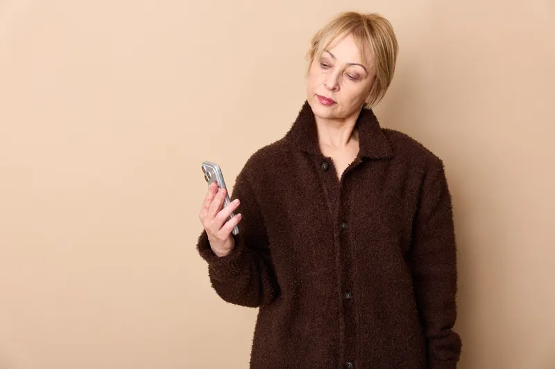 Mature woman holding a smartphone, reading a message, expression focused, indoor portrait on a beige background, soft lighting, communication and technology concept