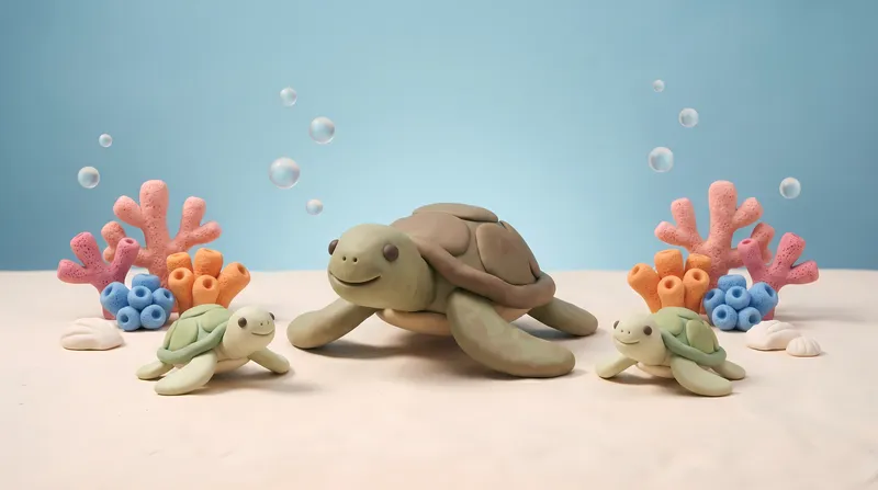 Ручная работа: 3D-сцена из глины, изображающая морскую среду с родительской и юной морскими черепахами в спокойной симметричной подводной обстановке