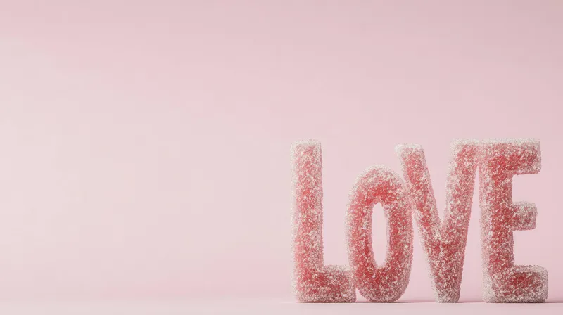 Игривые и красочные буквы, составляющие слово LOVE, сделанные из розовых конфет на светлом пастельном фоне