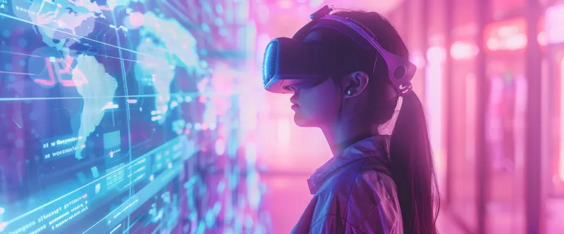 На изображении женщина в профиль в VR-шлеме, взаимодействующая с яркими голографическими проекциями на футуристическом, подсвеченном фоне