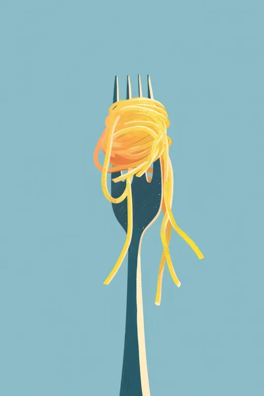 Яркая иллюстрация с вилкой, держащей завиток вкусных спагетти, на мягком голубом фоне