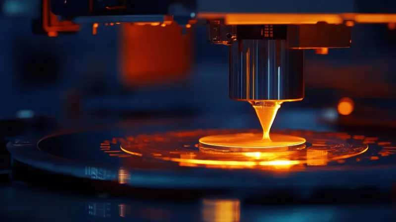 Крупный план высокотехнологичного 3D-принтера в действии, демонстрирующий точность и сложность современного производства, с светящейся нитью и ярким синим фоном