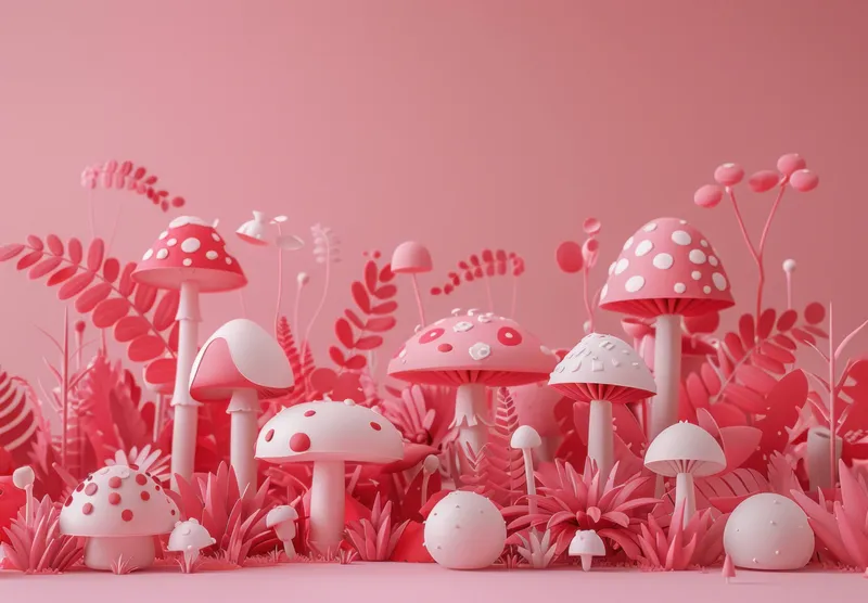 Причудливая 3D-сцена, наполненная розовыми и белыми грибами среди пышной листвы, создающая волшебную и сказочную лесную атмосферу