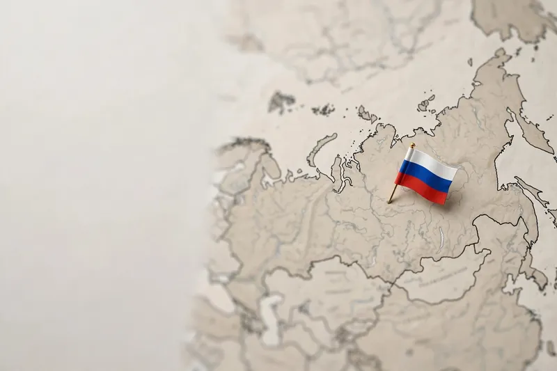 Маленький флажок России на карте Евразии
