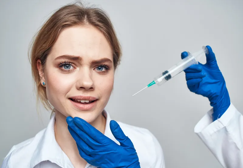 Пациентка улыбается, а в руках врача находится шприц для инъекций ботокса