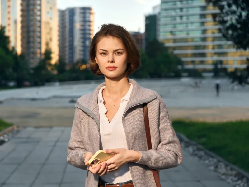 A confident young professional stands on a city sidewalk, texting on a smartphone. She wears a light coat and white shirt, smiles softly, projecting focus and modern urban vibe.