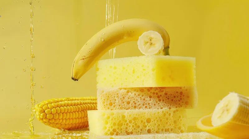 Это изображение демонстрирует банан на желтых губках с кукурузой на жизнерадостном желтом фоне, символизируя свежесть и веселье