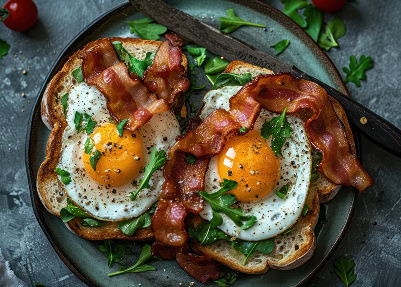 Вкусный завтрак: жареный бекон и яйцо на тарелке с хрустящим белым тостом, аппетитным помидором и жареной ветчиной